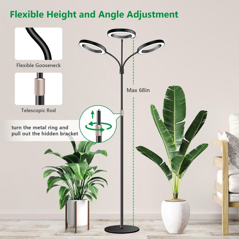 Aumtrly Grow Lights for Indoor Plants, 3 Head Full Spectrum Plant Light with 68" Adjustable Stand for Growing Large Tall Plants, Black Halo Floor LED Grow Lamp with 16 Hour Timer - Image 4